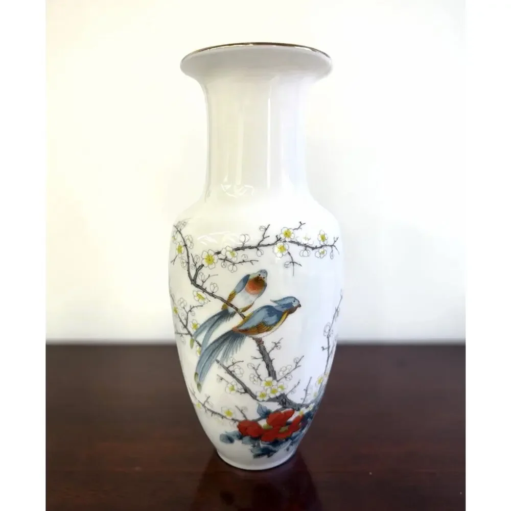 Vintage JAY White Porcelain Vase Fine China Handpainted Birds Gold Trim Japan